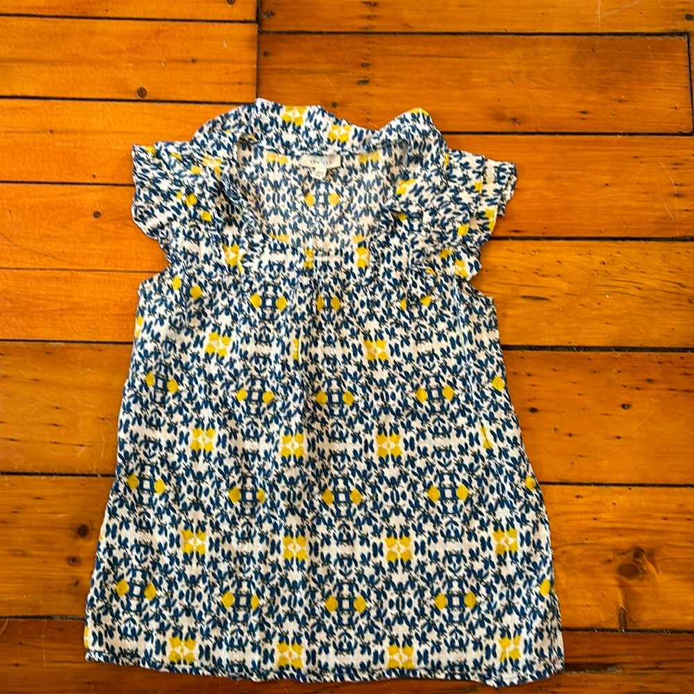 Blue and yellow floral print linen top. Cottage core, relaxed, linen, spring